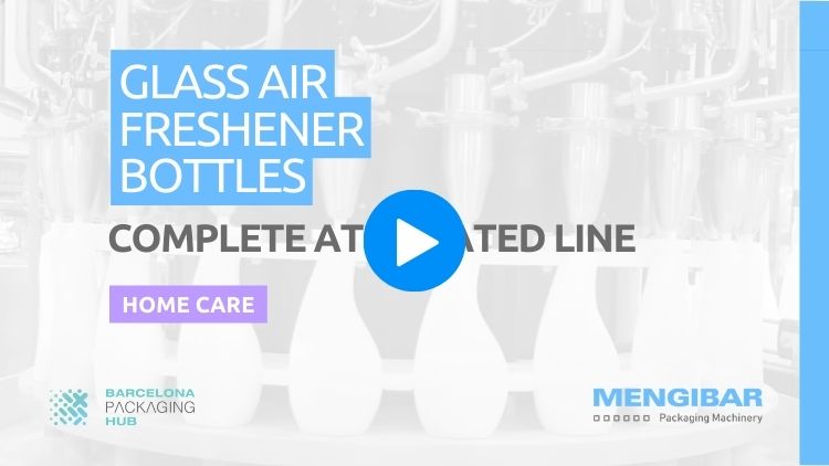 Línea de producción con clasificación ATEX para botellas de ambientador de vidrio, que muestra un llenado, ensamblaje de mechas y taponado eficientes.