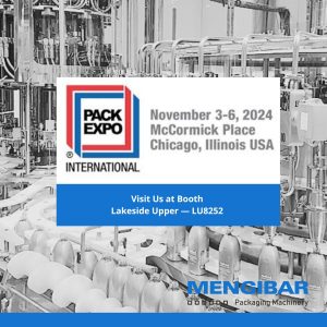 Banner promoting Mengibar's participation in Pack Expo 2024, showcasing innovations in filling solutions for personal and home care markets. Details include booth number, event dates, and invitation to schedule a meeting