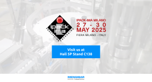 Promotional image for Mengibar’s participation at Ipack-IMA 2025 in Milan, showing event dates (May 27–30) and booth location: Hall 5P Stand C138.