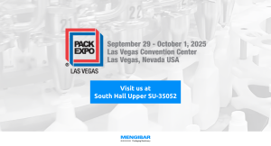 Promotional image for Mengibar’s participation at Pack Expo 2025 in Las Vegas, showing event dates (September 29–1) and booth location: South Hall Upper SU-35052.