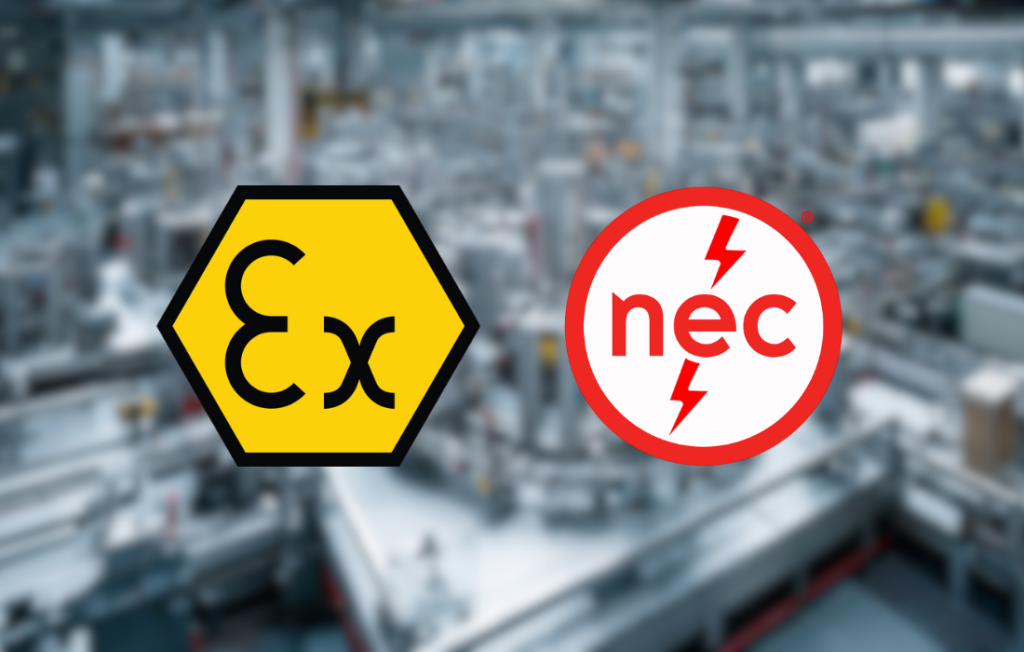 ATEX and NEC certification symbols for explosion-proof volumetric filling machines in hazardous environments